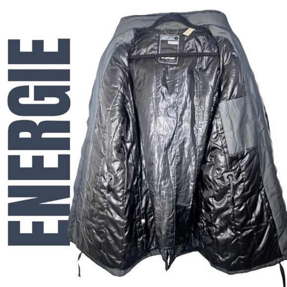 ENERGIE VINTAGE Y2K INSULATED MID LENGTH MOCK NECK PARKA HOOD GREEN GRAY, LARGE - Picture 7 of 12